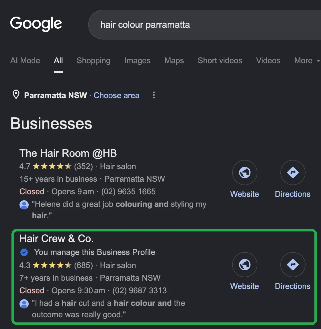 Google local pack for hair colour parramatta showing Hair Crew & Co. in second place