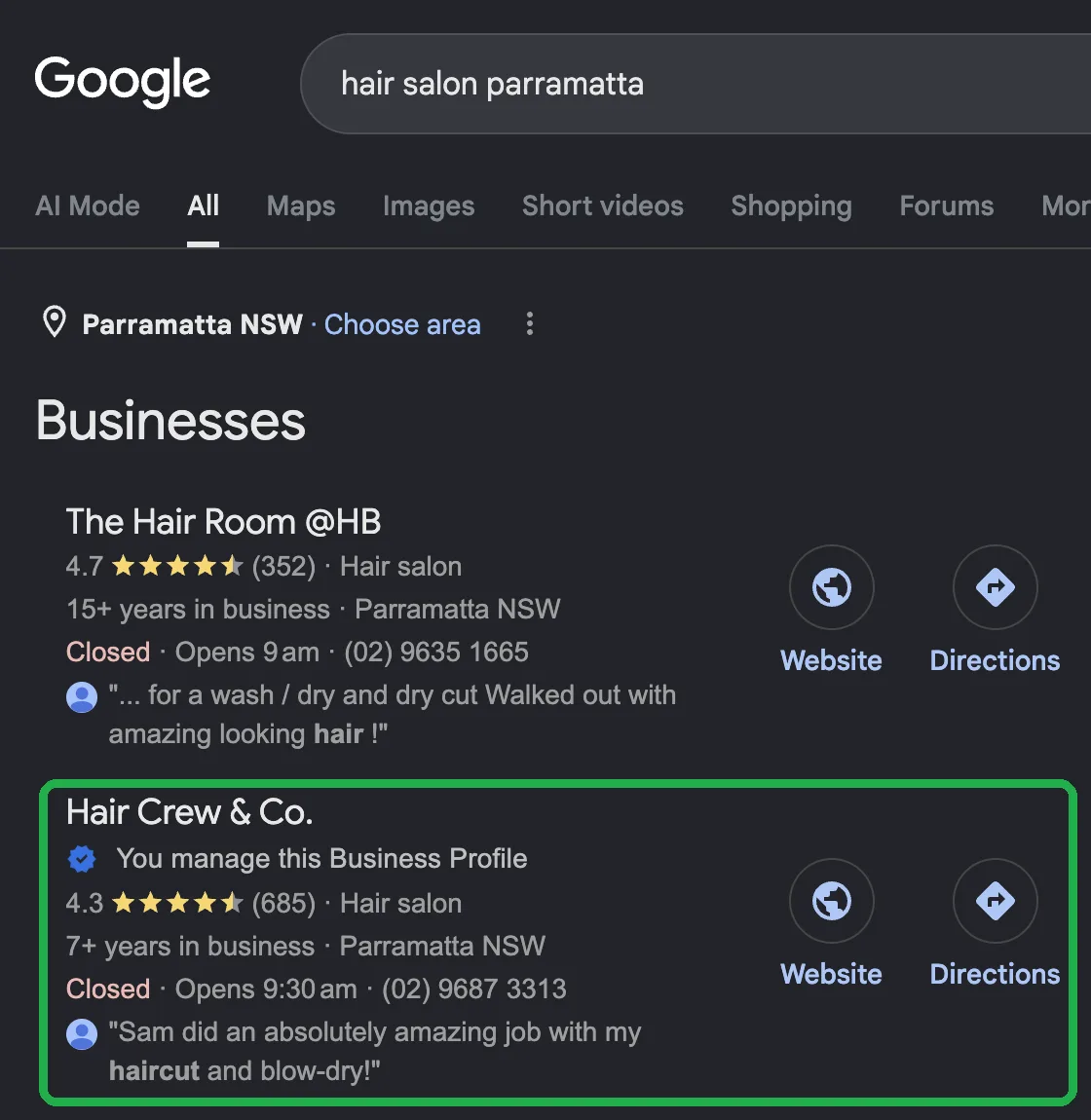 Google local pack for hair salon parramatta showing Hair Crew & Co. in second place